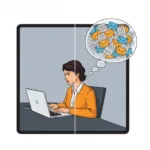 A split-screen visual showing a person sitting at a minimalist desk looking at a laptop. Above their head is a translucent, messy thought-bubble filled with overlapping emails, chat bubbles, and unfinished documents, illustrating mental distraction and attention residue. Modern, clean vector art style.
