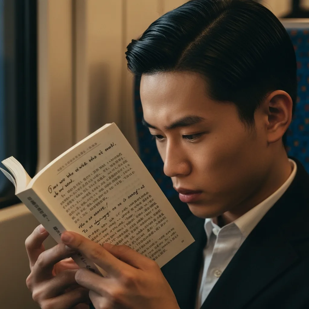 A close-up shot of a person reading a paperback book on a train. The text on the page is visible in a non-English script alongside English handwritten notes in the margins. Cinematic lighting, moody atmosphere, shallow depth of field.