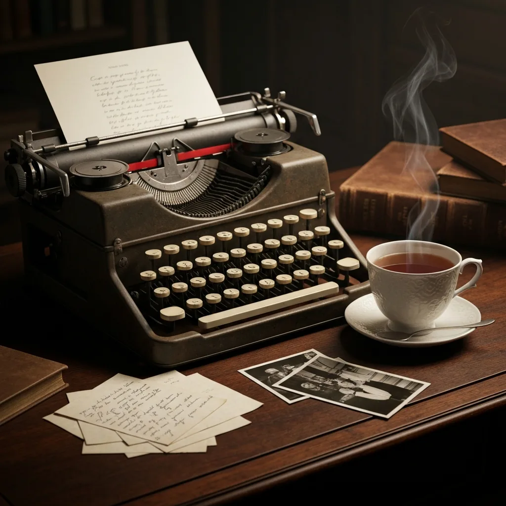 A vintage typewriter sitting on a wooden desk next to a cup of Earl Grey tea and a scattered pile of handwritten notes and black-and-white crime scene photographs. 1930s aesthetic, cinematic lighting, moody and intriguing.