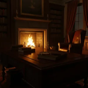 A classic 1920s English country house library at night, lit by a roaring fireplace. A magnifying glass rests on a leather-bound book on an antique mahogany desk. Atmospheric shadows, cozy yet mysterious, highly detailed, realistic.
