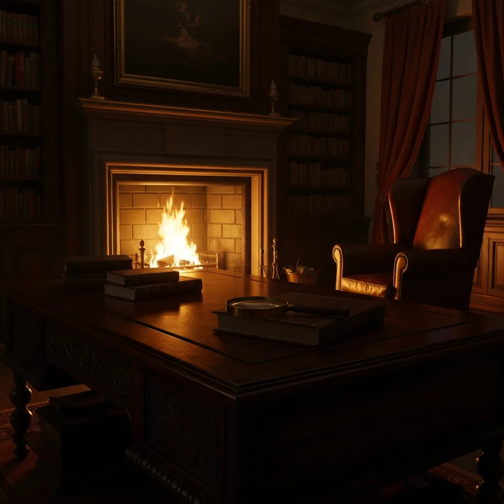 A classic 1920s English country house library at night, lit by a roaring fireplace. A magnifying glass rests on a leather-bound book on an antique mahogany desk. Atmospheric shadows, cozy yet mysterious, highly detailed, realistic.