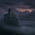 A moody, atmospheric illustration of a crumbling 18th-century European castle perched on a rugged cliffside at twilight, with dense fog rolling in and a single lit window, painted in a romantic, classical art style.