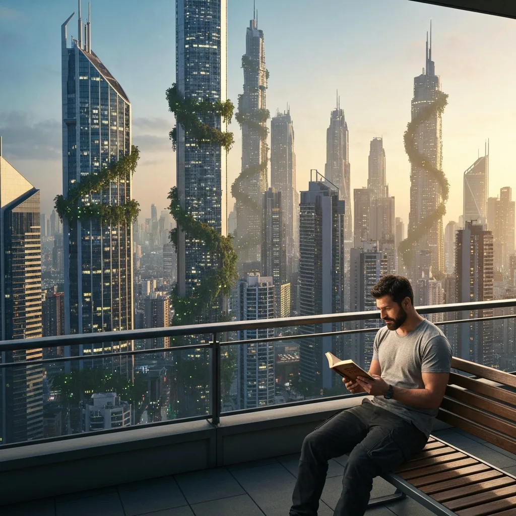 A sprawling, futuristic megacity viewed from a high balcony, featuring towering skyscrapers with bioluminescent greenery intertwined with metallic structures. A lone figure reads a vintage paperback book in the foreground, creating a stark contrast between analog history and the solarpunk future.