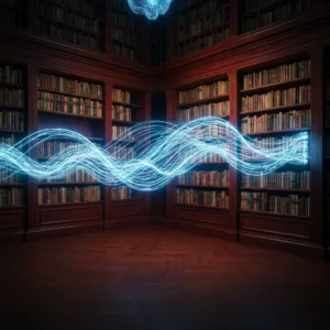 A hyper-realistic, atmospheric library where classic bound books transition seamlessly into glowing, holographic data streams, symbolizing the bridge between traditional literature and futuristic technology. Cinematic lighting, deep shadows, rich mahogany and neon blue accents.
