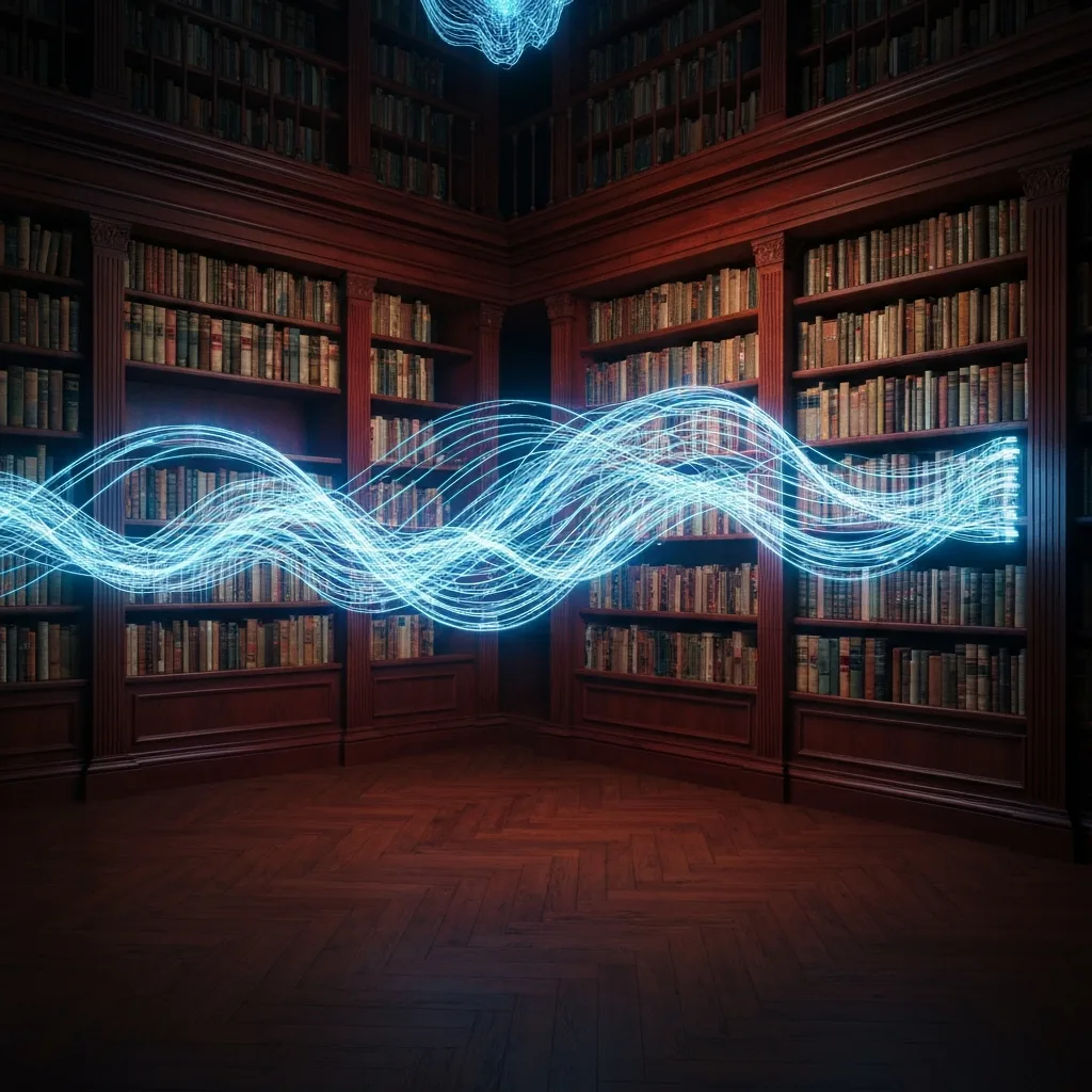 A hyper-realistic, atmospheric library where classic bound books transition seamlessly into glowing, holographic data streams, symbolizing the bridge between traditional literature and futuristic technology. Cinematic lighting, deep shadows, rich mahogany and neon blue accents.