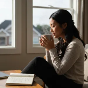 A serene, well-lit domestic scene showing a person sitting comfortably by a large window, holding a warm mug of tea with both hands. The morning light casts soft shadows. No digital devices are in sight. An open journal rests on a wooden coffee table nearby. The atmosphere evokes calm, intentionality, and deep presence.