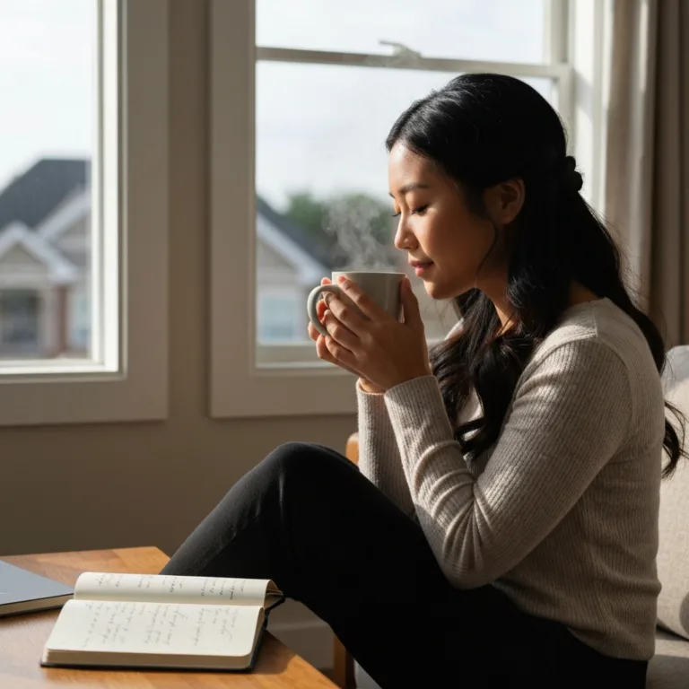 A serene, well-lit domestic scene showing a person sitting comfortably by a large window, holding a warm mug of tea with both hands. The morning light casts soft shadows. No digital devices are in sight. An open journal rests on a wooden coffee table nearby. The atmosphere evokes calm, intentionality, and deep presence.