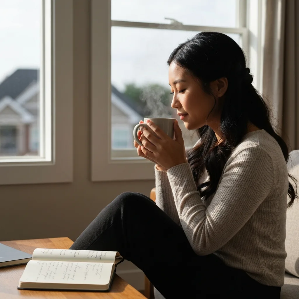 A serene, well-lit domestic scene showing a person sitting comfortably by a large window, holding a warm mug of tea with both hands. The morning light casts soft shadows. No digital devices are in sight. An open journal rests on a wooden coffee table nearby. The atmosphere evokes calm, intentionality, and deep presence.