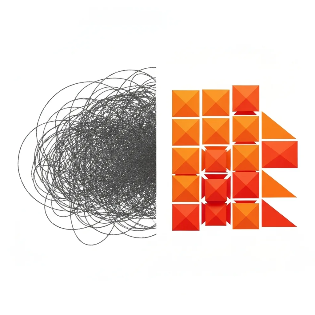 A conceptual split-screen image. On the left side, a chaotic, tangled scribble of dark gray lines representing generalized stress. On the right side, neatly organized, vibrant geometric shapes representing emotional granularity. Minimalist aesthetic, clean background, modern conceptual art style.