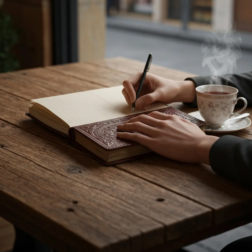 A close-up shot of a person's hands writing in a high-quality leather journal at a rustic wooden cafe table. A warm cup of tea sits nearby. The mood is calm and introspective. Cinematic lighting, highly detailed, realistic photography.