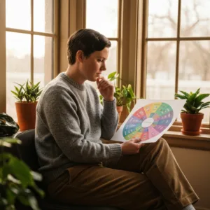 A person sitting by a large window in a cozy, sunlit room, thoughtfully examining a colorful emotion wheel chart. Soft natural lighting, warm tones, realistic photography, shallow depth of field.