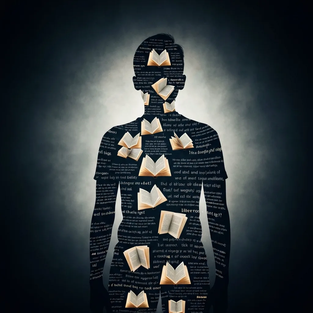 An abstract, artistic double-exposure portrait of a person's silhouette standing strong against a dark, moody background. The interior of the silhouette is filled with glowing, floating words, sentences, and illuminated book pages, symbolizing the absorption of inner strength and emotional resilience through literature.