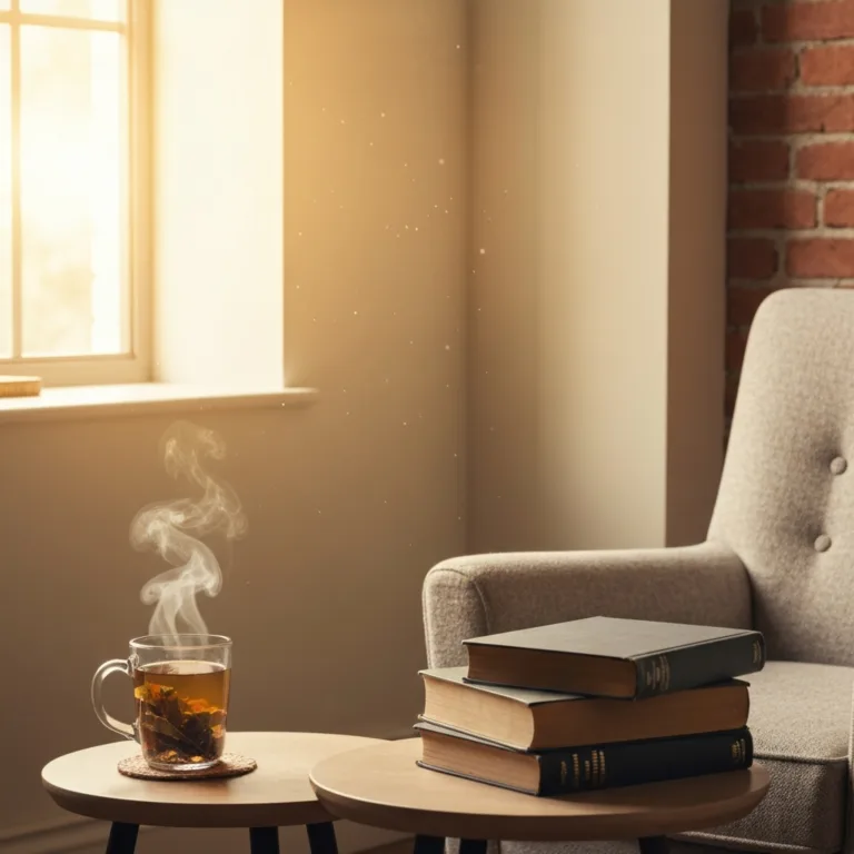 A cozy, warmly lit reading nook featuring a plush velvet armchair, a steaming ceramic mug of tea on a small wooden side table, and a tall stack of well-worn, hardback books. Soft, golden sunlight streams through an adjacent window, illuminating dust motes in the air, conveying a deep sense of safety, healing, and quiet introspection.