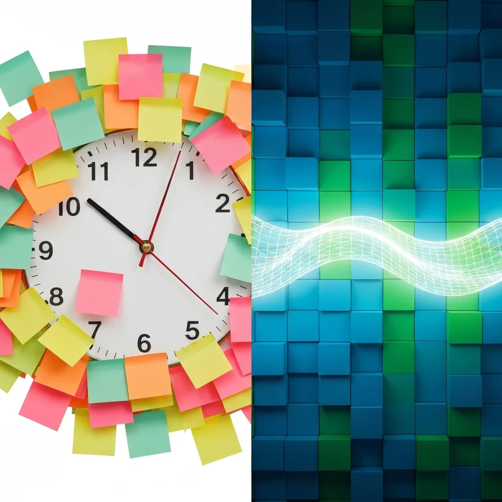 A split-screen style conceptual image. On the left, a traditional clock face melting or looking chaotic with too many sticky notes attached to it. On the right, a glowing, smooth wave pattern representing a calm biological rhythm, surrounded by clean, organized geometric blocks.