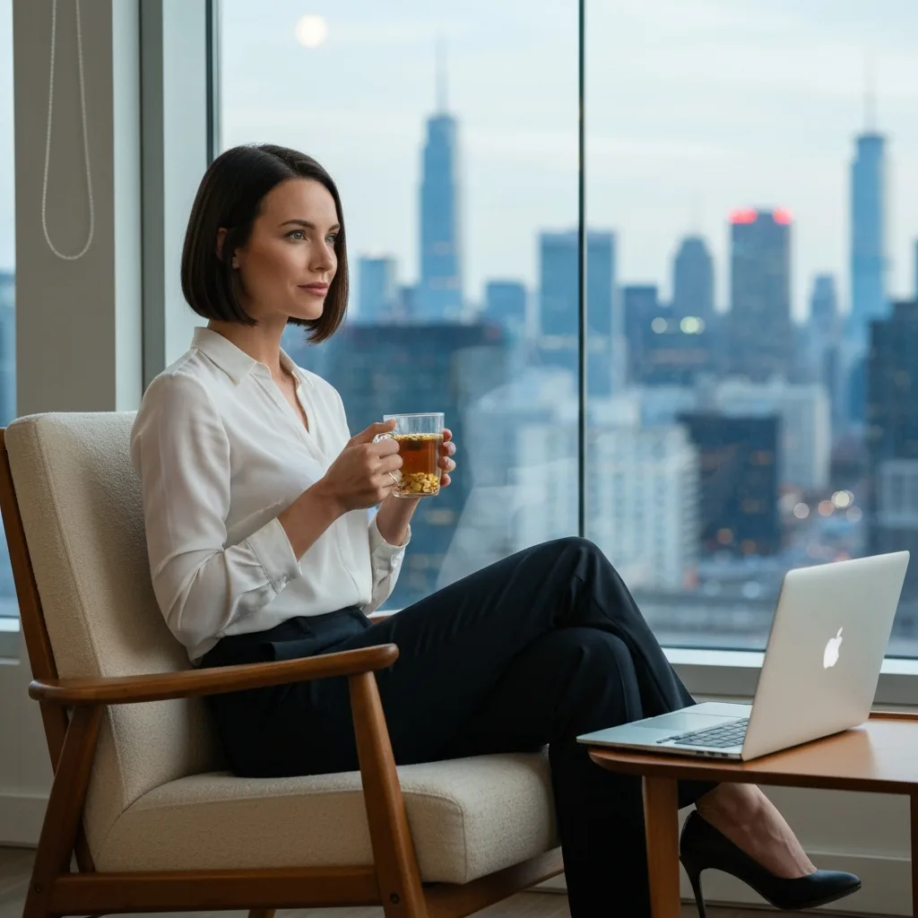 A professional woman sitting in a comfortable mid-century modern chair by a large window overlooking a city skyline. She is holding a warm mug of tea, looking relaxed and focused, taking a strategic rest break away from her laptop, which sits closed on a small side table.