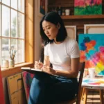 A top-down view of a modern, minimalist wooden desk. A person's hands are visible, writing in a dotted journal with a fountain pen. Next to the journal is a color-coded chart showing energy peaks and valleys throughout the day. Natural sunlight casts soft shadows across the workspace.