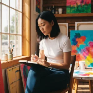 A top-down view of a modern, minimalist wooden desk. A person's hands are visible, writing in a dotted journal with a fountain pen. Next to the journal is a color-coded chart showing energy peaks and valleys throughout the day. Natural sunlight casts soft shadows across the workspace.