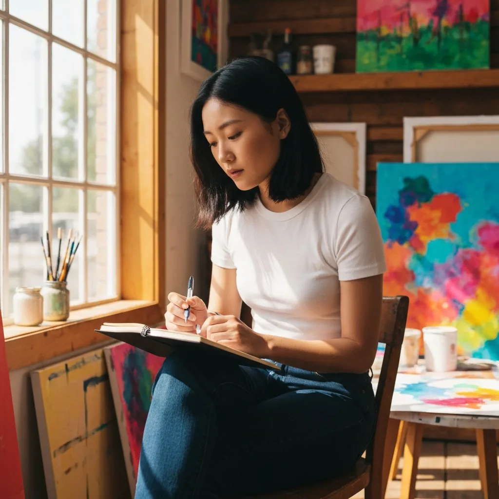 A top-down view of a modern, minimalist wooden desk. A person's hands are visible, writing in a dotted journal with a fountain pen. Next to the journal is a color-coded chart showing energy peaks and valleys throughout the day. Natural sunlight casts soft shadows across the workspace.