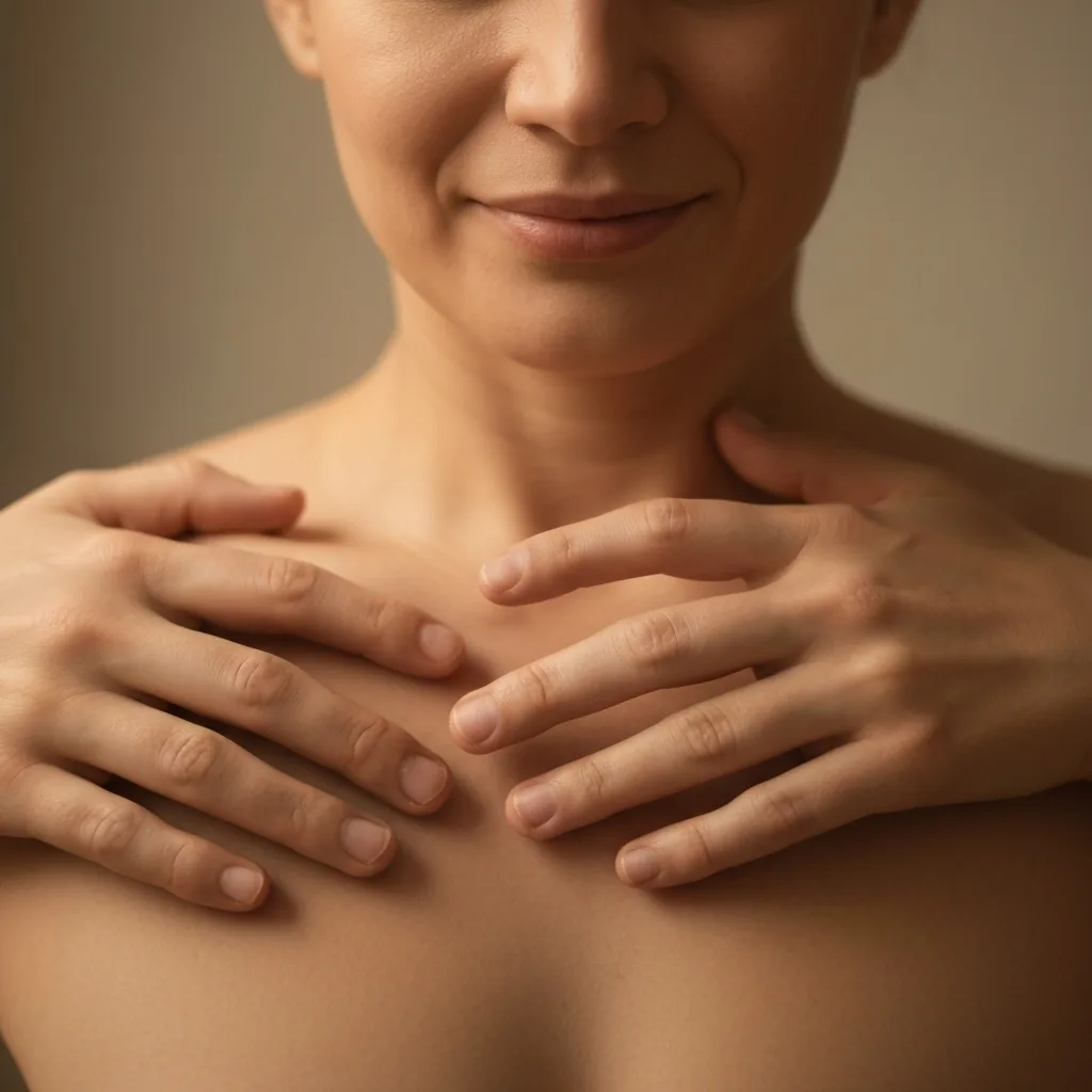 A close-up of a person's hands resting gently on their opposite shoulders in a 'Butterfly Hug' posture. The lighting is soft and warm, evoking a sense of deep emotional grounding and safety.