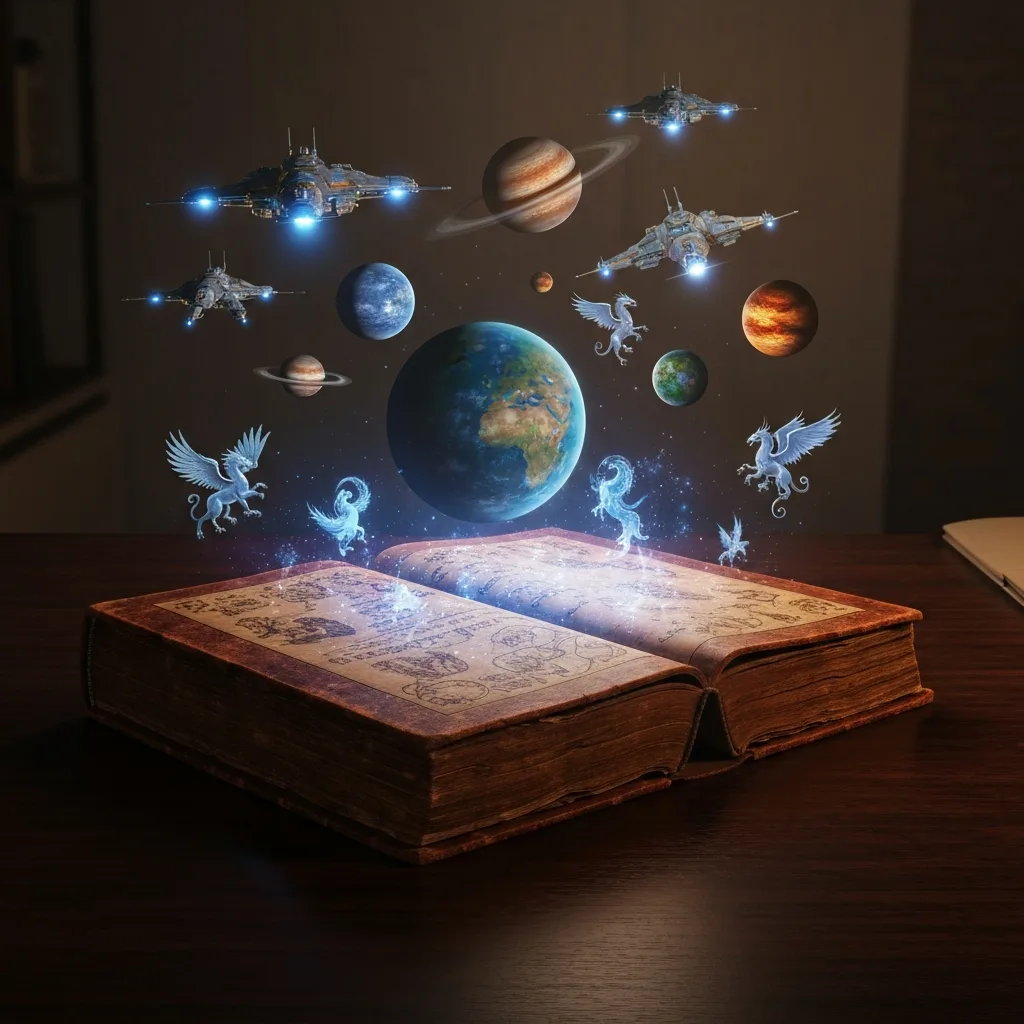 An old, worn leather-bound book open on a dark wooden desk, with glowing holographic planets, starships, and mythical creatures projecting upward from the pages into the dimly lit room, atmospheric, hyper-realistic.