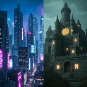A surreal, split-screen landscape showing a futuristic neon-lit cyberpunk city on one side and an ancient, mystical stone castle with glowing magical runes on the other, highly detailed, cinematic lighting, conceptual art style.