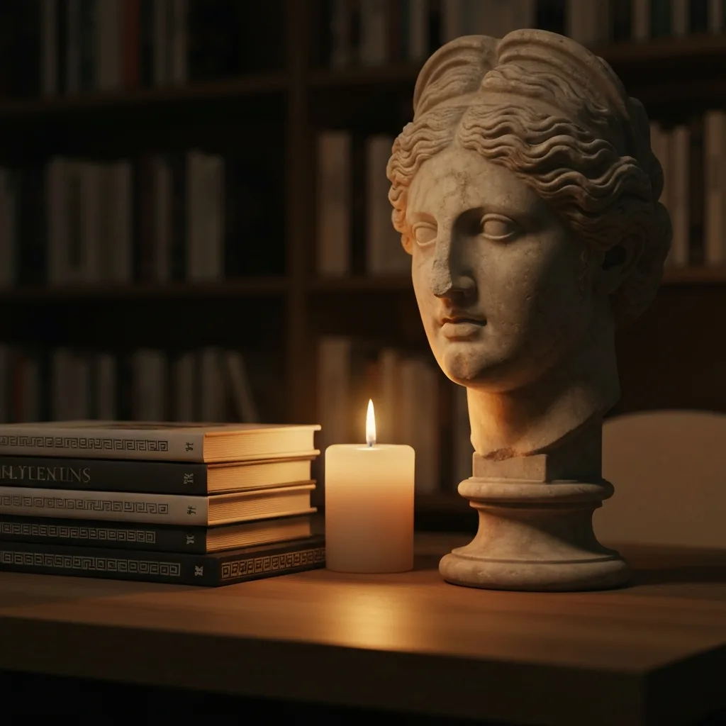 A moody, atmospheric library desk featuring a stack of modern hardcover books with minimalist Greek motifs next to an ancient, weathered marble bust of a Greek goddess whose face is half in shadow, illuminated by a flickering candle.