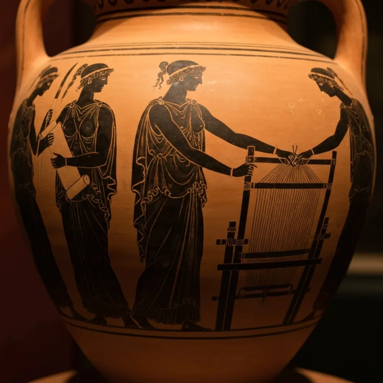 A close-up of an ancient Greek terracotta amphora, but instead of traditional male warriors, the painted black figures depict strong, defiant women in flowing chitons holding scrolls and weaving looms, set against warm, dramatic museum lighting.