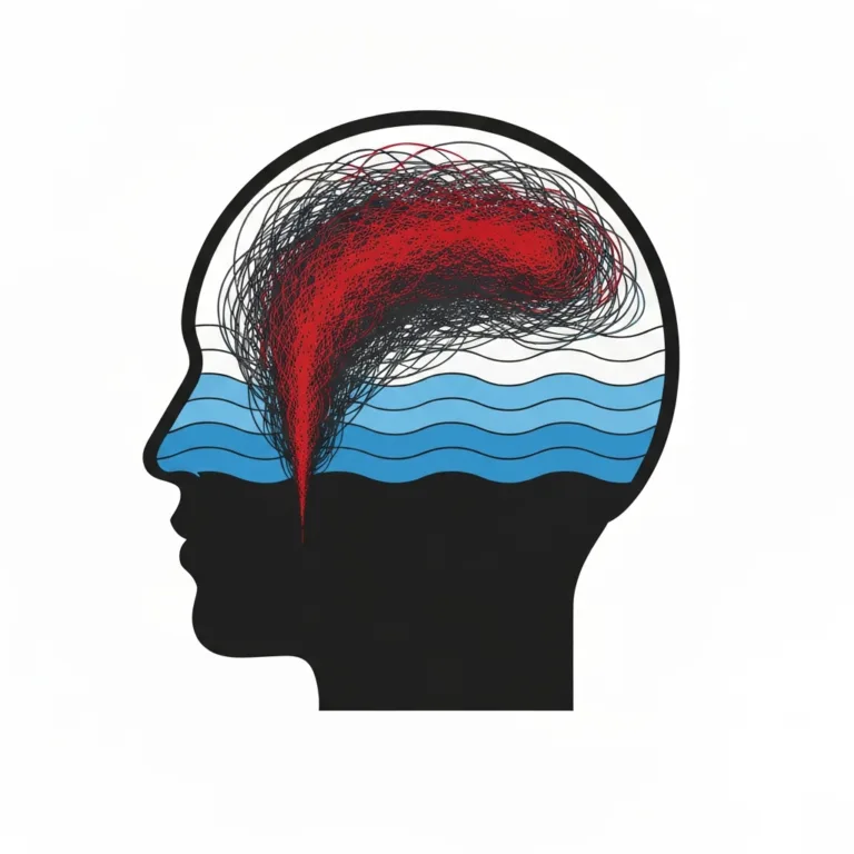 A minimalist, modern editorial illustration showing the cross-section of a human head. Inside the mind, a chaotic storm of dark red and charcoal gray scribbles is transitioning smoothly into calm, horizontal, clear blue waves, symbolizing the end of an emotional refractory period.