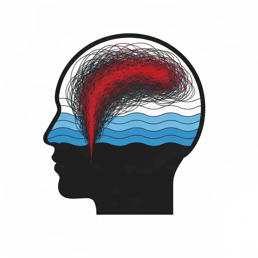 A minimalist, modern editorial illustration showing the cross-section of a human head. Inside the mind, a chaotic storm of dark red and charcoal gray scribbles is transitioning smoothly into calm, horizontal, clear blue waves, symbolizing the end of an emotional refractory period.
