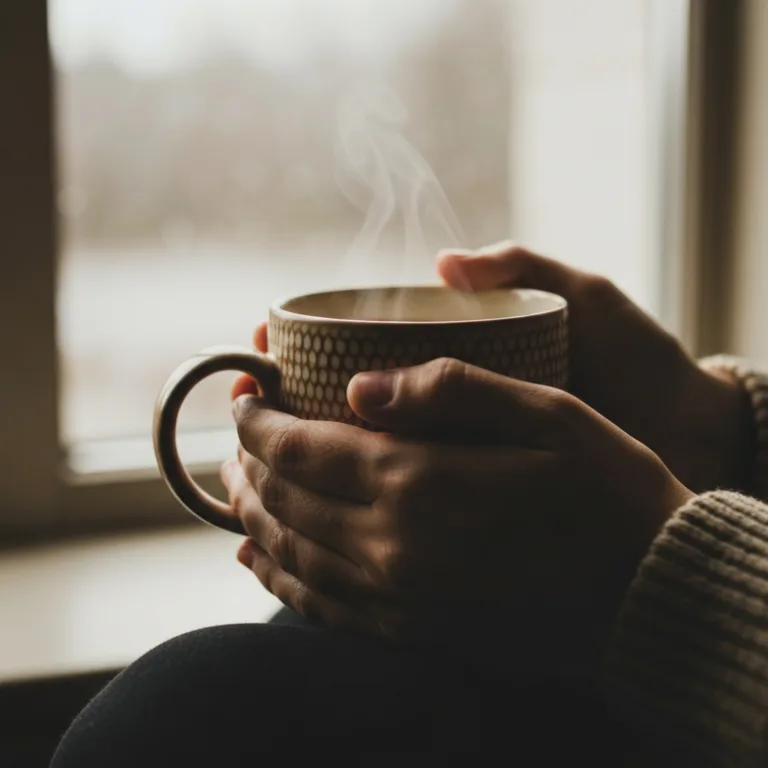A close-up, cinematic shot of a person's hands wrapped gently around a warm, textured ceramic mug of coffee on a rainy morning. Soft, natural light filters through a nearby window, illuminating the faint steam rising from the mug. The mood is tranquil, safe, and deeply grounding, capturing the essence of a micro-moment of peace. High resolution, photorealistic, soft focus background.