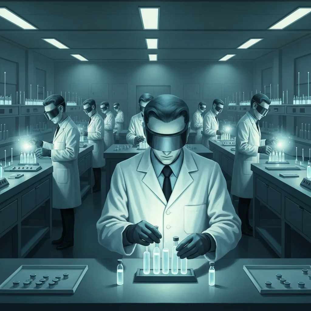 A surreal, vintage-style painting of a sterile, futuristic laboratory where identical workers in uniform are processing glowing vials, representing a controlled, emotionless society, retro-futurism aesthetic.