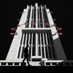 A stark, minimalist illustration of a towering, brutalist government building surrounded by glowing red surveillance cameras, with a lone silhouette walking in the rain, cinematic lighting, dramatic shadows, dystopian concept art.