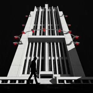 A stark, minimalist illustration of a towering, brutalist government building surrounded by glowing red surveillance cameras, with a lone silhouette walking in the rain, cinematic lighting, dramatic shadows, dystopian concept art.