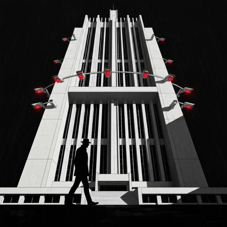 A stark, minimalist illustration of a towering, brutalist government building surrounded by glowing red surveillance cameras, with a lone silhouette walking in the rain, cinematic lighting, dramatic shadows, dystopian concept art.