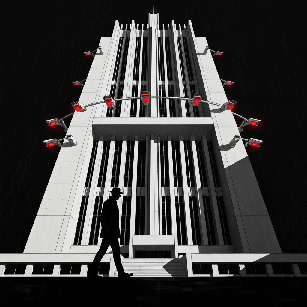 A stark, minimalist illustration of a towering, brutalist government building surrounded by glowing red surveillance cameras, with a lone silhouette walking in the rain, cinematic lighting, dramatic shadows, dystopian concept art.