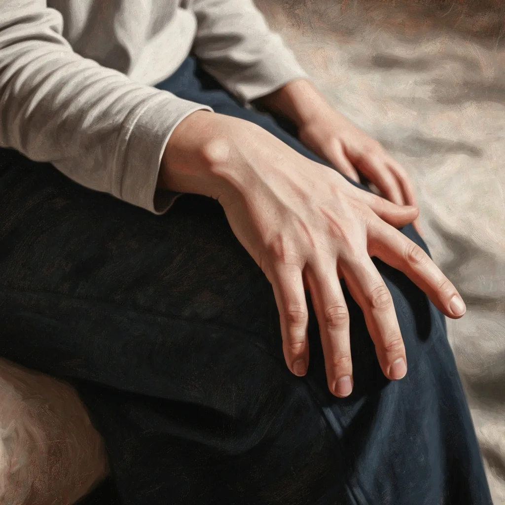 Abstract conceptual photography showing a close-up of a person's hands resting open and relaxed on their lap, with a softly blurred, fast-moving background of a bustling, chaotic city street. The image conveys a sense of inner stillness, emotional equilibrium, and safety amidst external unpredictability. Natural, warm lighting, cinematic depth of field.