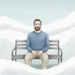 A serene, minimalist illustration of a person sitting peacefully on a park bench surrounded by thick, rolling fog. The fog symbolizes the unknown and ambiguity, but the person's posture is relaxed and grounded. Soft, muted watercolor style, calming blues, grays, and soft whites, high quality, evocative of emotional balance.