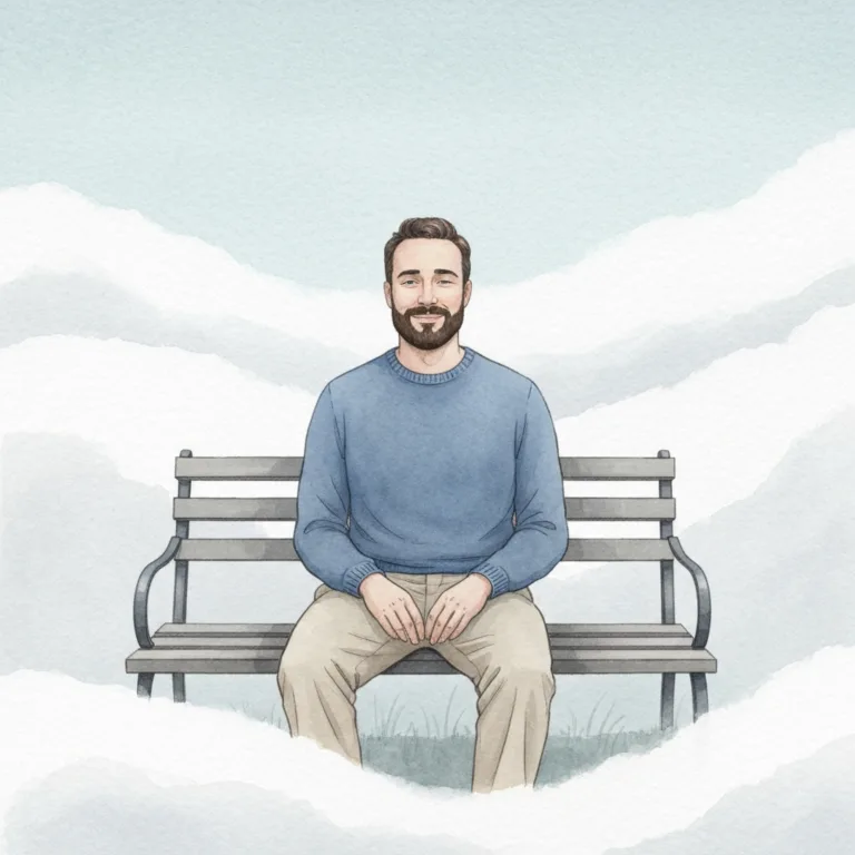 A serene, minimalist illustration of a person sitting peacefully on a park bench surrounded by thick, rolling fog. The fog symbolizes the unknown and ambiguity, but the person's posture is relaxed and grounded. Soft, muted watercolor style, calming blues, grays, and soft whites, high quality, evocative of emotional balance.