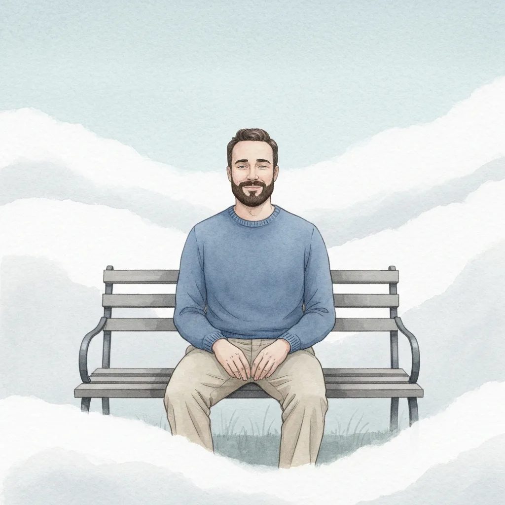 A serene, minimalist illustration of a person sitting peacefully on a park bench surrounded by thick, rolling fog. The fog symbolizes the unknown and ambiguity, but the person's posture is relaxed and grounded. Soft, muted watercolor style, calming blues, grays, and soft whites, high quality, evocative of emotional balance.