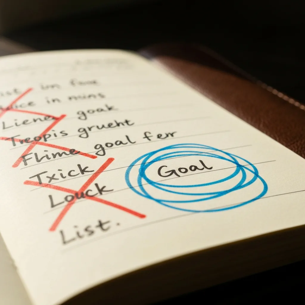 A close-up of a handwritten list in a premium leather notebook. Several trivial tasks are firmly crossed out with bold red ink, while a single, central goal is circled multiple times. Soft morning light filtering through a window, macro photography, sharp focus on the ink.