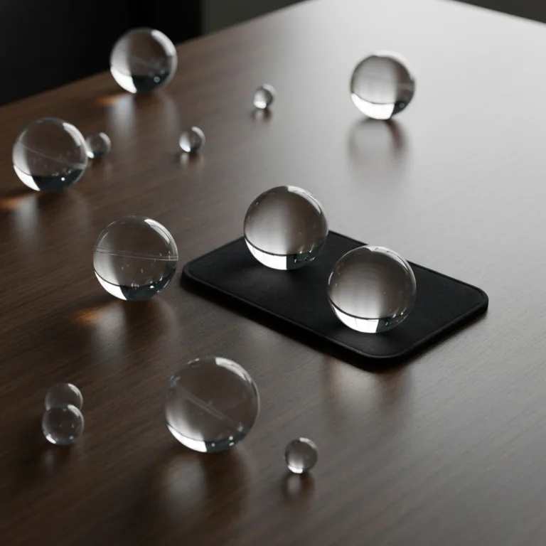 A minimalist workspace featuring a sleek wooden desk. On the desk, several translucent plastic spheres are scattered and bouncing slightly, while two solid, glowing glass spheres rest securely on a velvet pad in the center. Cinematic lighting, photorealistic, high contrast.