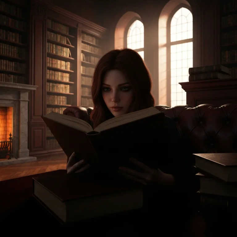 A moody, atmospheric study of a solitary figure sitting in a dimly lit, classic library. The figure is partially obscured by shadows, reading a weathered book, conveying a sense of moral ambiguity and introspection. Cinematic lighting, rich mahogany and leather textures, photorealistic.
