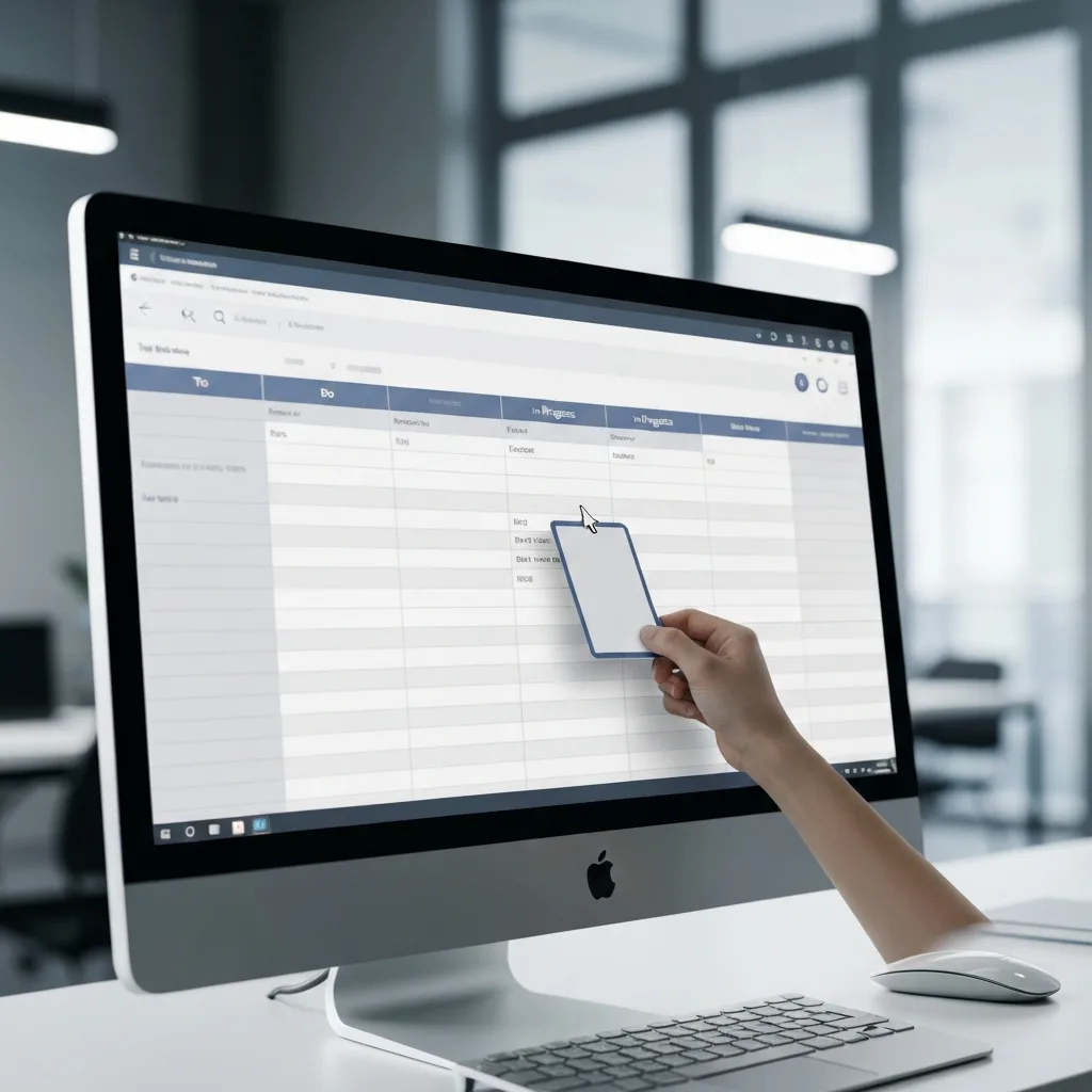 A close-up of a digital Kanban board on a modern computer monitor. The columns clearly show tasks moving from 'To Do' to 'In Progress'. The focus is sharp on a specific card being dragged across the screen by a cursor. Cinematic lighting, modern office environment.