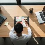A top-down view of a tidy, minimalist wooden desk. A person is writing on a sleek notepad, breaking down a large project into smaller, color-coded sticky notes. Natural sunlight casts soft, aesthetic shadows across the desk. Professional, high-resolution photography.