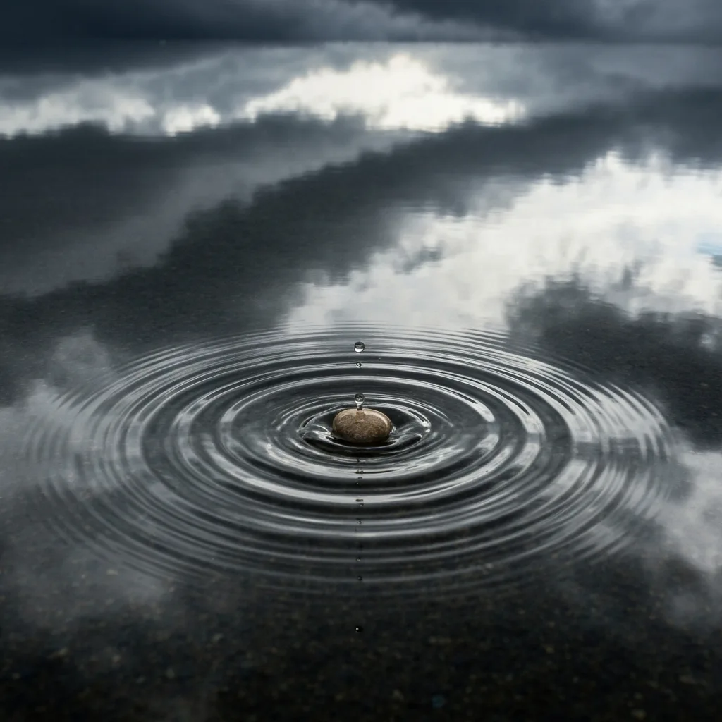 A conceptual photograph of a calm, still pool of water reflecting a stormy sky. One single pebble drops into the water creating perfect concentric ripples, while the rest of the water remains undisturbed. High contrast, cinematic lighting, photorealistic.