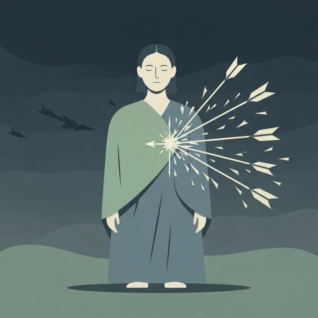 A stylized, minimalist illustration showing a person standing calmly while a single glowing arrow hits their chest, while a flurry of shadowy, jagged arrows miss them and shatter in the background. Soft, muted colors like sage green, slate blue, and warm grey. Clean vector art style.