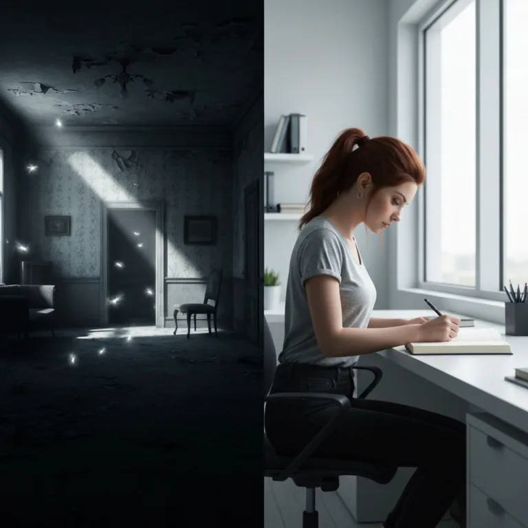 A split-screen visual concept. On the left, a shadowy, decaying room symbolizing a stagnant life. On the right, a bright, structured workspace with a person actively writing in a journal, symbolizing taking control. High contrast, cinematic lighting, photorealistic.