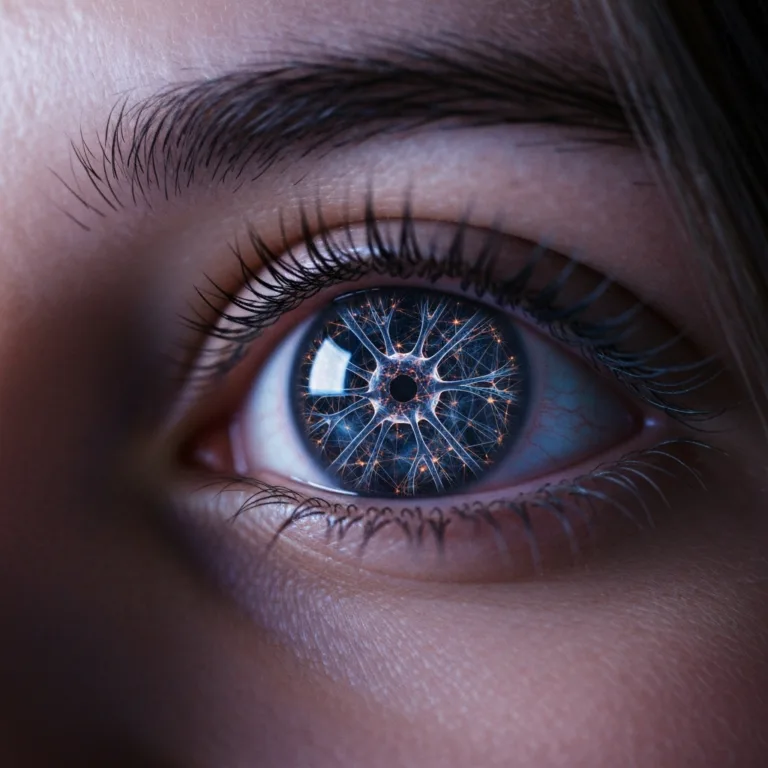 A macro shot of a person's eye reflecting a complex, glowing neural network, representing the internal activity of the brain during periods of rest. Cinematic lighting, deep blue and copper tones, highly detailed.