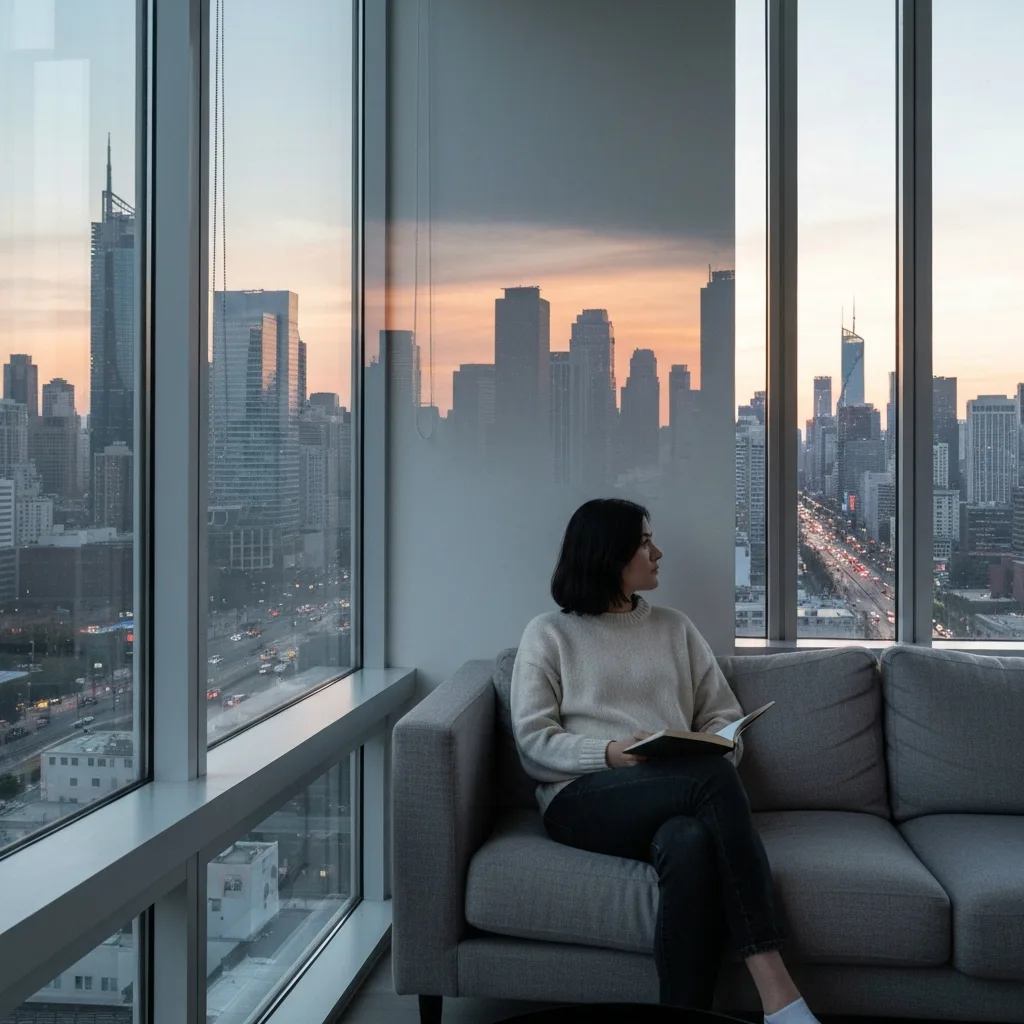 A serene, well-lit modern room with a person sitting comfortably on a minimalist chair, holding a journal. They are looking thoughtfully out a large window at a complex, overlapping cityscape. The reflection in the window shows a simplified, orderly version of the chaotic city outside, symbolizing cognitive reappraisal and clarity. Soft natural lighting, photorealistic.