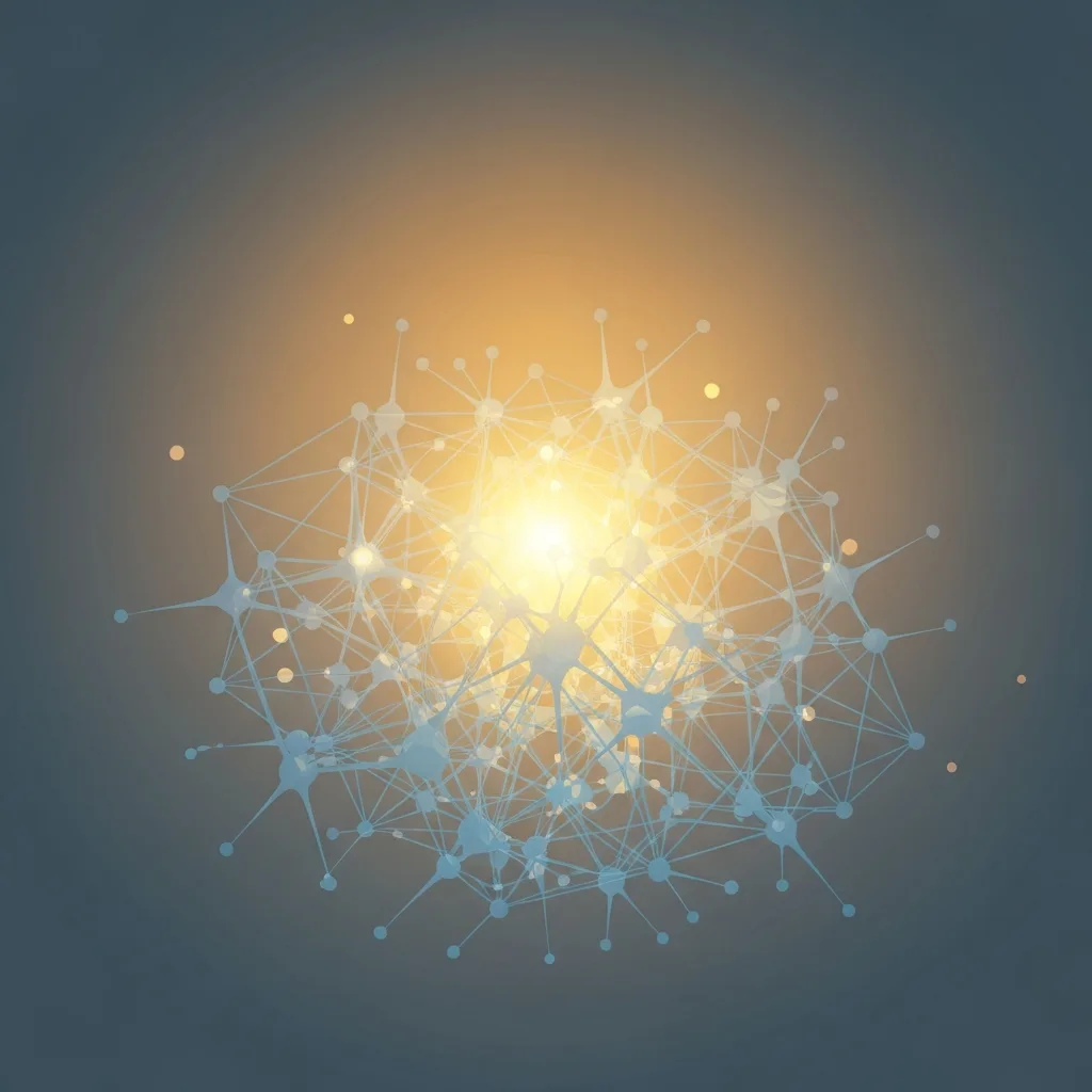 A serene, abstract representation of the human mind absorbing warm, golden light. The light gently permeates a complex, geometric network of soft blue and grey neural pathways, symbolizing the internalization of positive emotions. Minimalist, clean lines, therapeutic and calming atmosphere, subtle gradients.